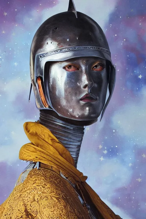 Image similar to hyperrealism oil painting, close - up portrait of european medieval fashion model, knight, steel gradient mixed with nebula sky, in style of baroque mixed with 7 0 s japan book art