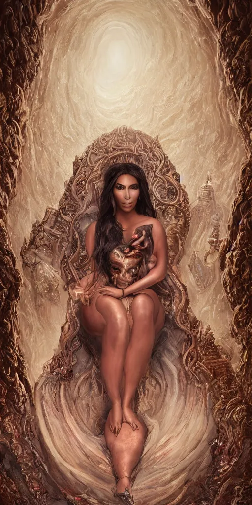 Prompt: a highly detailed painting and rendering of haunting Kim Kardashian as a lovecraftian queen sitting on her throne, lovecraftian and Babylonian architecture a psychedelic world, where lovecraftian horrors roam, artstation, cgsociety, volumetric lighting, cinematic lighting, HDR, dramatic, haunting, octane, hyperrealistic, hyperdetailed, 4k
