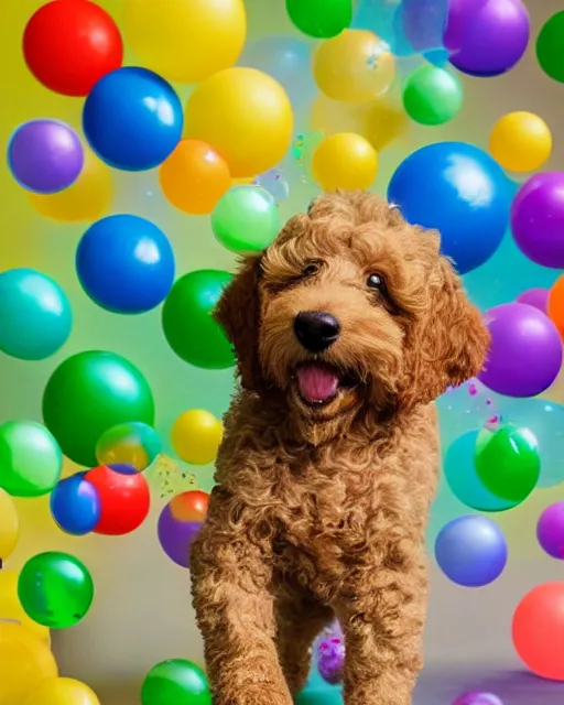 Prompt: stock photos of a golden doodle puppy chasing after giant soap bubbles in a studio