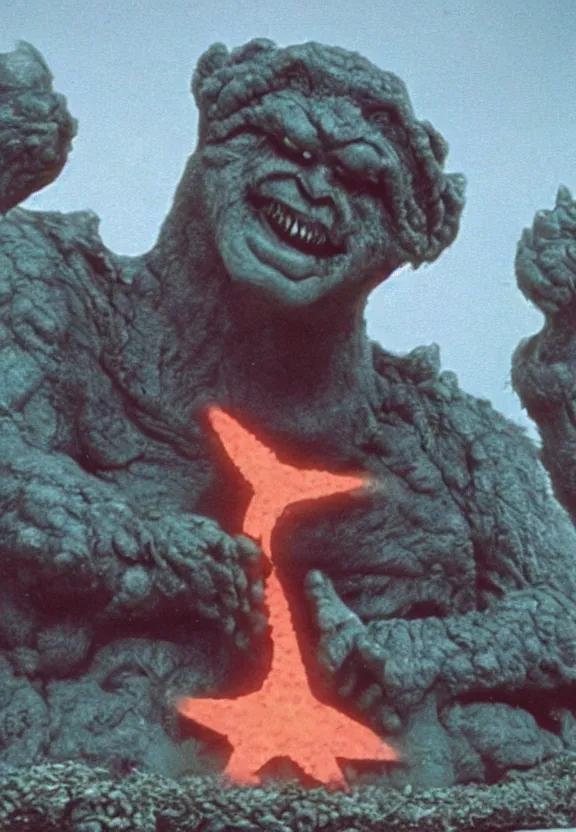 Image similar to Pulgasari the North Korean monster, volumetric lighting, filmstill, produced by Kim Jong-il, Kodachrome, kaiju-eiga, starfish monster movie, communist propaganda, film noir, 35mm film grain, Cooke Varotal 20-100mm T3.1