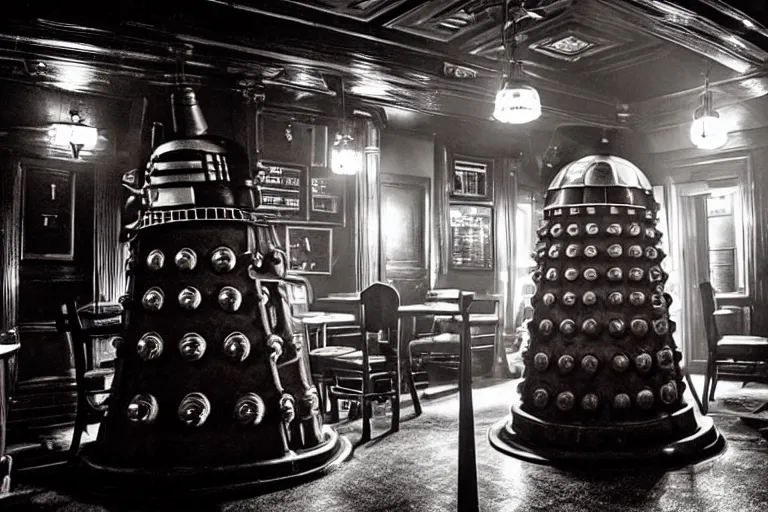 Image similar to photograph of a dalek in a traditional london pub, highly detailed, dramatic lighting, intense shadows, rich deep colours