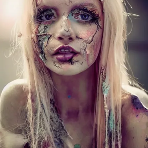 Image similar to astonishingly beautiful woman in tattered clothes revealing body, blonde hair, make up, vivid colors