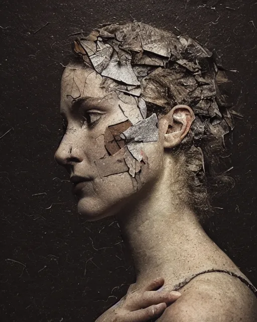 Image similar to a woman's face in profile, made of broken shards, in the style of the Dutch masters and Gregory Crewdson, dark and moody