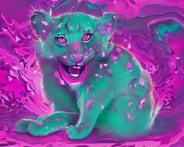 Image similar to falling jade cub with patterned sides falling melting to pieces on abstract pink and purple cloud background, illustration by ( kieran yanner ) ( miranda meeks ) ( anna podedworna ) ( cristi balanescu ), digital art