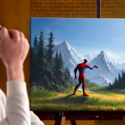 Image similar to a closeup photorealistic photograph of bob ross working on a canvas painting of spiderman. film still. brightly lit scene. mountains and trees. this 4 k hd image is trending on artstation, featured on behance, well - rendered, extra crisp, features intricate detail, epic composition and the style of unreal engine.