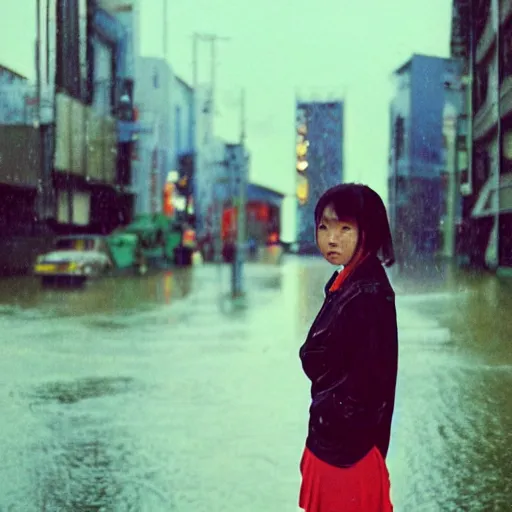 Image similar to 1990s perfect 8K HD professional cinematic photo of close-up japanese schoolgirl posing in postapocalyptic cityscape, at evening during rain, at instagram, Behance, Adobe Lightroom, with instagram filters, depth of field, taken with polaroid kodak portra