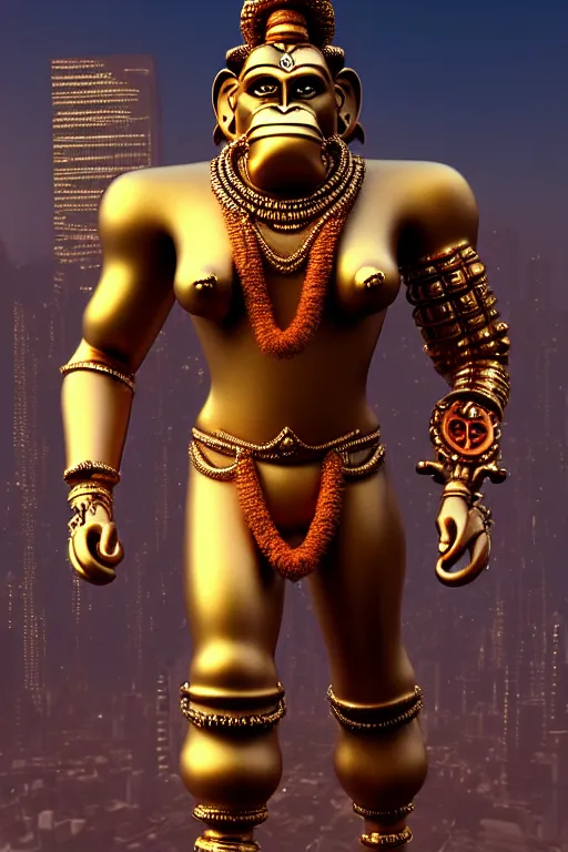 Image similar to high quality 3 d render neo - baroque cyborg hanuman! with gold nose piercings, cyberpunk highly detailed, mumbai in the background, unreal engine cinematic smooth, in the style of solaris, hannah yata charlie immer, moody light, low angle, uhd 8 k, sharp focus