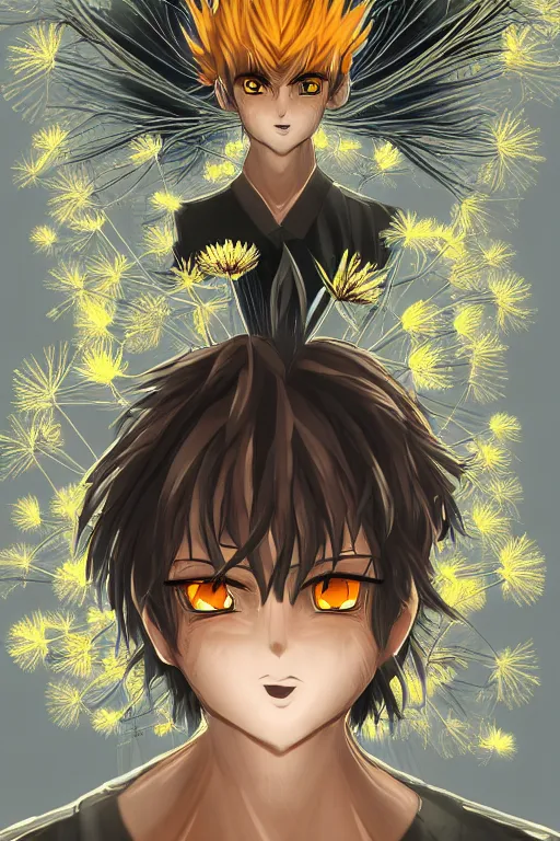 Image similar to amber glowing luminescent dandelion male anime character, symmetrical, highly detailed, digital art, sharp focus, trending on art station, amber eyes, autumnal colours