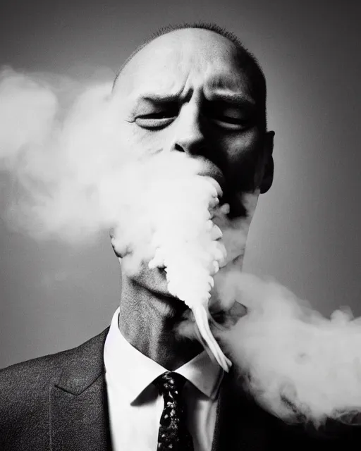 Image similar to annie liebowitz photo of a man who's head is turning into a puff of smoke, black and white