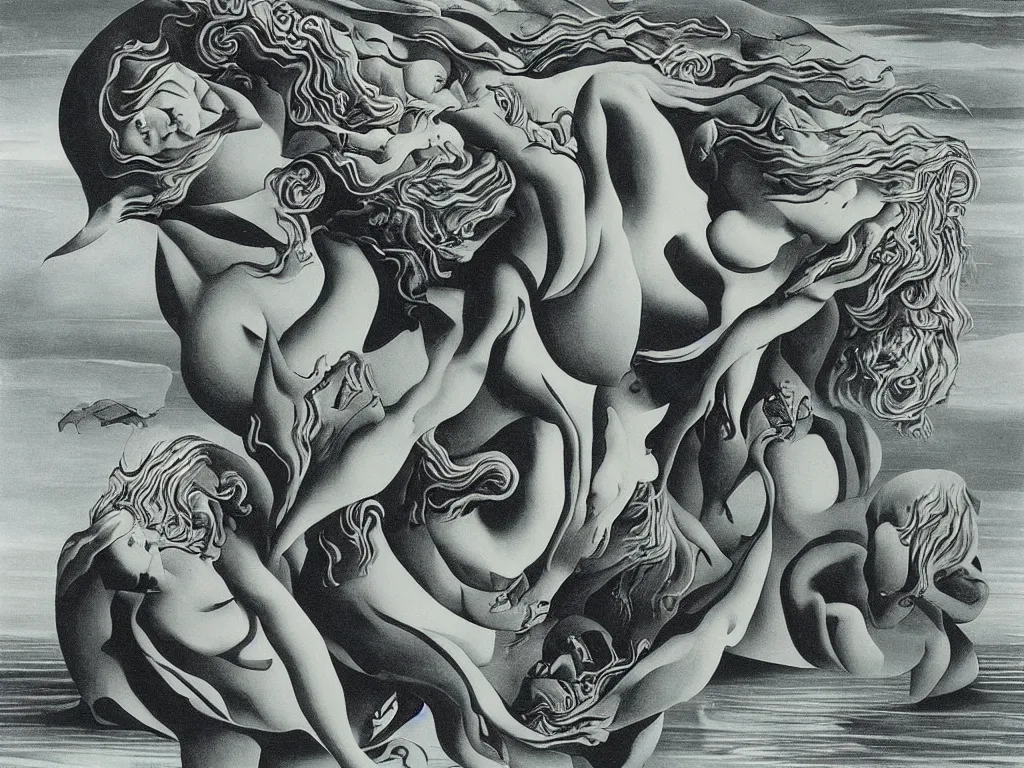 Prompt: visions of ocean girlfish, by stanislaw szukalski, marcel duchamp, salvador dali, rene magritte, andre breton