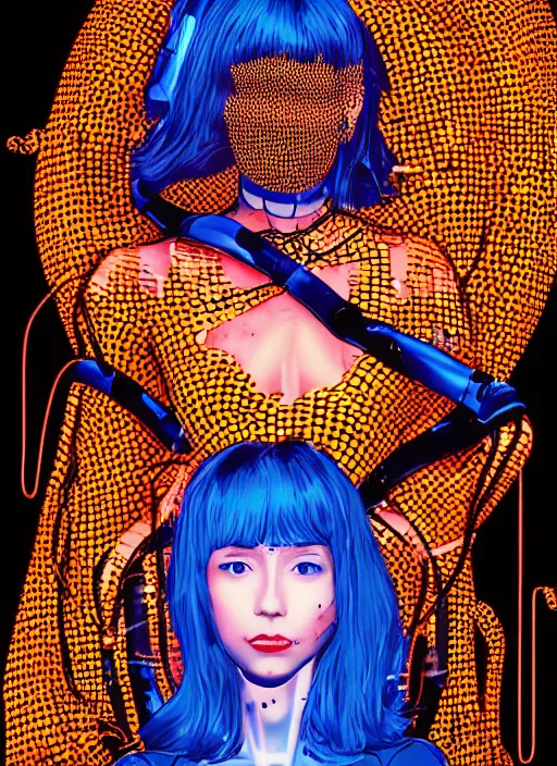 Prompt: extreme long shot, kodachrome, melting face, cyberpunk 2 0 y. o model girl, black reflect robe, wrapped in wires and piones, clear blue sky vintage style, looking straight ahead, in the style of yayoi kusama, lineart, artstation