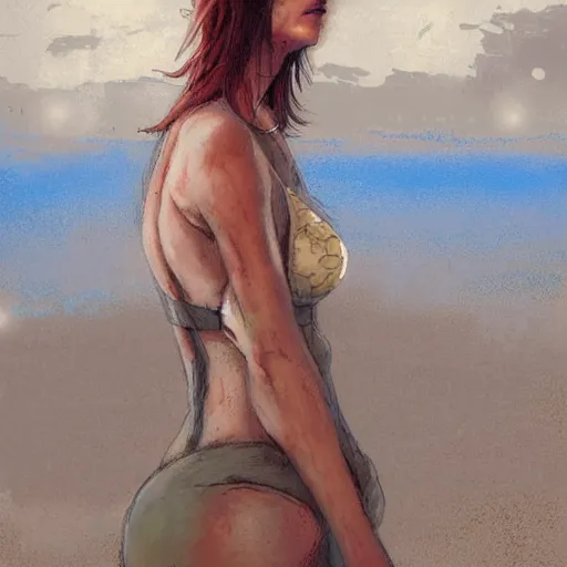 Image similar to lady at the beach by enki bilal artstation