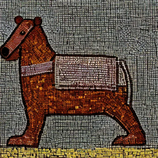 Image similar to a large teddy bear wearing chainmail, on a horse byzantine mosaic