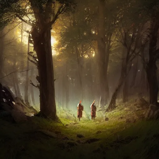 Image similar to picts peeking out from behind trees at night watching roman soldiers march through the forest, 4 k, concept art, by wlop, ilya kuvshinov, artgerm, krenz cushart, greg rutkowski, pixiv. cinematic dramatic atmosphere, sharp focus, volumetric lighting, cinematic lighting, studio quality