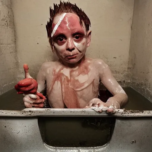 Prompt: characters from gummo sitting in a dirty bath tub with bacon taped to the wall