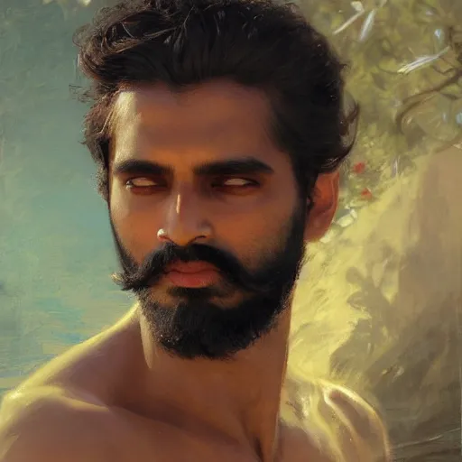 Prompt: detailed realistic cinematic wide shot of beautiful attractive indian man with beard and great haircut blue bath robe slim face symettrical face clean skin black eyes black robe smooth, sharp focus, ultra realistic, spring light, painting by gaston bussiere, craig mullins, j. c. leyendecker