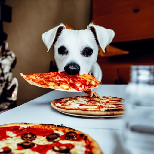 Image similar to photo of a white jack russel eating pizza