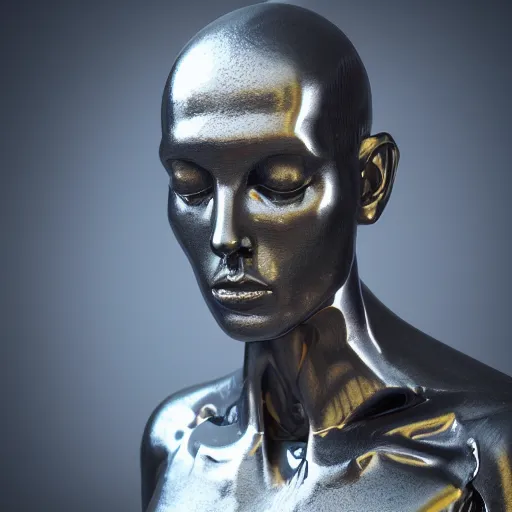Prompt: 3 d render melted humanoid, sculpture, chrometype, liquid metal, neotribal, raytraced, volumetric lightning, 8 k by wlop, innate studio h - 1 0 0 0 w - 1 0 0 0