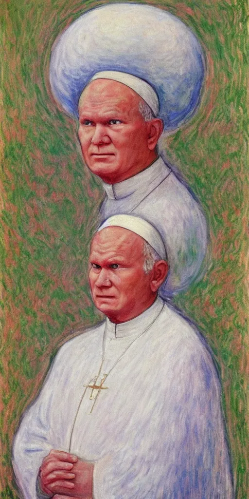 Image similar to portrait of john paul ii wearing piccolo's from dragon ball z white turban with a dome on top by claude monet