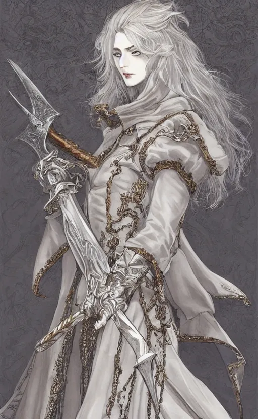 Image similar to a woman wielding a sword, elegant clothes, baroque style, elegant, beautiful, mesmerizing, concept art, fancy clothing, highly detailed, artstation, behance, deviantart, inspired by innocent manga, inspired by castlevania concept art, trending, ayami kojima, shinichi sakamoto