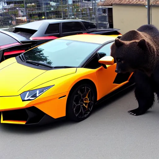 Image similar to bear dancing on the roof of Lamborghini car