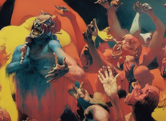 Prompt: a man screaming in a large crowd, by francis bacon, surreal, scene from the movie prometheus, norman rockwell and james jean, greg hildebrandt, triadic color scheme, by greg rutkowski, in the style of francis bacon and syd mead and edward hopper and beksinski, dark surrealism, orange and turquoise and pink and yellow and blue and red