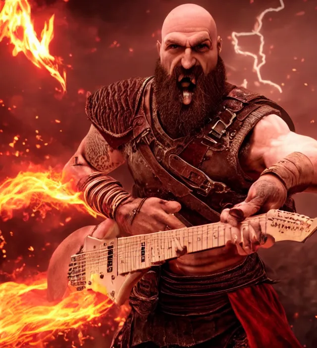 Image similar to kratos shredding on a flaming stratocaster guitar, cinematic render, god of war 2 0 1 8, santa monica studio official media, lightning, stripe over eye