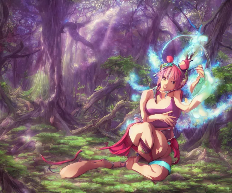 Prompt: genie in a forest, anime fantasy illustration by tomoyuki yamasaki, kyoto studio, madhouse, ufotable, comixwave films, trending on artstation