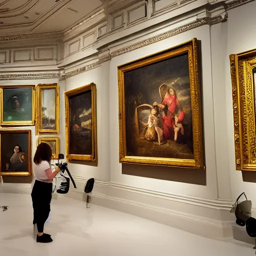 Prompt: a professional photo of a museum full of classical oil paintings. on the floor there is a futuristic hi tech robot holding a camera.