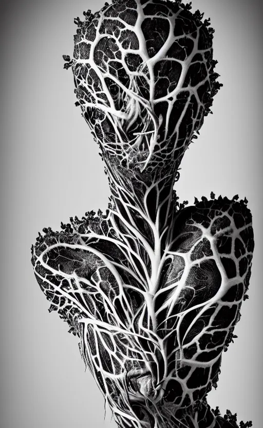 Image similar to a black and white high quality photo of a young beautiful female queen-vegetal-dragon-cyborg bust with a very long neck and Mandelbrot fractal face, Mandelbrot fractal skin, flesh, anatomical, facial muscles, veins, arteries, elegant, highly detailed, flesh highly baroque ornate, hair are wired cables, elegant, high fashion, rim light, octane render, in the style of Cindy Sherman, Realistic, Refined, Digital Art, Highly Detailed, Cinematic Lighting, rim light, black and white, photo-realistic, 8K