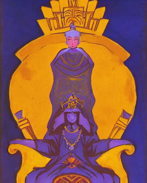 Prompt: an illustration of a queen on a throne at night by nicholas roerich, realistic, detailed, oil painting, 1 9 th