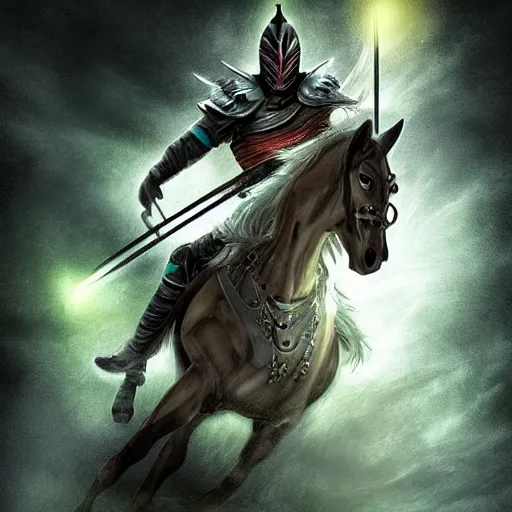 Prompt: epic digital painting of a warrior on a battle horse, eyes glowing, fantasy, sharp focus, highly detailed, cinematic