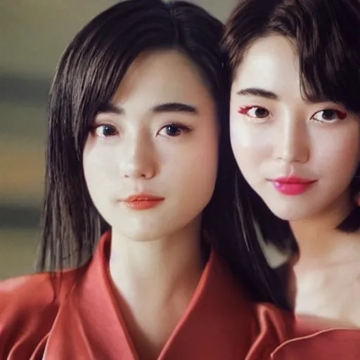 Image similar to 1990s, unbelievably beautiful, perfect, dynamic, epic, cinematic 8K HD movie shot of two semi-close-up japanese beautiful cute young J-Pop idols actresses girls, they express joy and posing together. By a Chinese movie director. Motion, VFX, Inspirational arthouse, high budget, hollywood style, at Behance, at Netflix, with Instagram filters, Photoshop, Adobe Lightroom, Adobe After Effects, taken with polaroid kodak portra