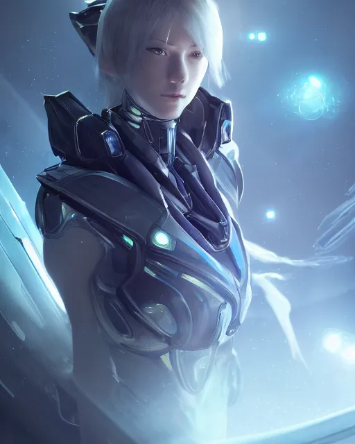 Image similar to perfect android girl on a mothership, warframe armor, beautiful face, scifi, futuristic, galaxy, nebula, raytracing, dreamy, long white hair, blue cyborg eyes, sharp focus, cinematic lighting, highly detailed, artstation, divine, by gauthier leblanc, kazuya takahashi, huifeng huang