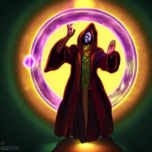 Image similar to a warlock is casting a magic spell while with magic orb floating in his hand , dynamic pose, chromatic aberration , medium level shot, Mucha style , Grim fantasy, illustration ,concept art,