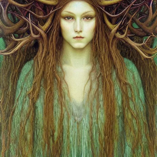 Image similar to a mysterious forest goddess with green eyes and antlers, moodym creepy, portrait, muted colors, highly detailed, intricate artwork, beautiful oil painting by Jean Delville