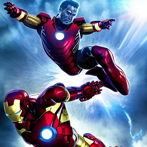 Image similar to marvel comic art, iron man, epic, explosions, fighter jets, popping out of the screen, 3 d illusion