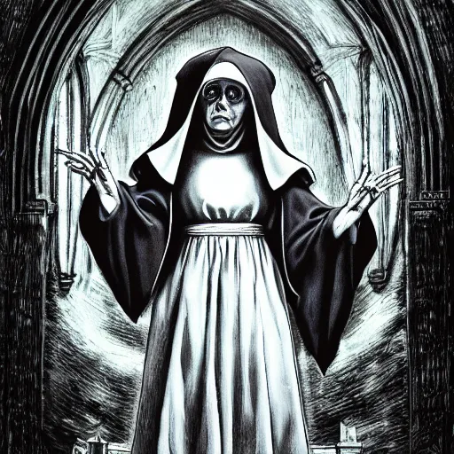 Prompt: photograph of a ghost of an evil catholic nun, gothic horror, hyper detailed,