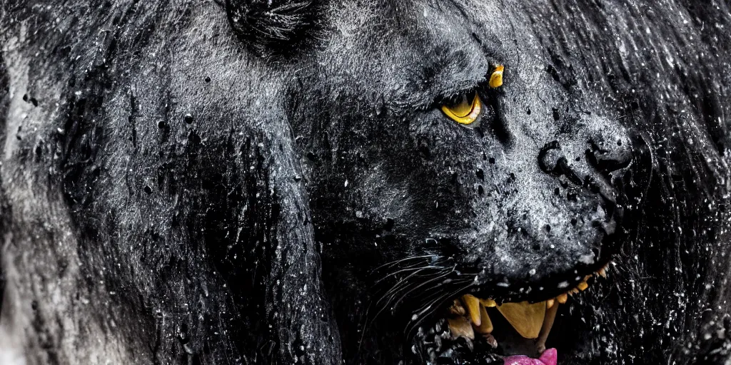 Image similar to the smooth black lioness, made of smooth black goo, in the zoo exhibit, viscous, sticky, full of black goo, covered with black goo, splattered black goo, dripping black goo, dripping goo, splattered goo, sticky black goo. photography, dslr, reflections, black goo, zoo, exhibit