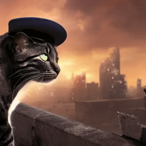 Prompt: a cat wearing a general\'s hat, it has an arrogant look in it\'s eyes and looks down at you, a war torn city in the background, epic full shot, cinematic lighting, matte painting but as photography, sharp focus, octane render, highly detailed, very realistic, photorealistic, Artstationhd, 8k, , award winning on Artstation, hyper detailed, hyper realistic