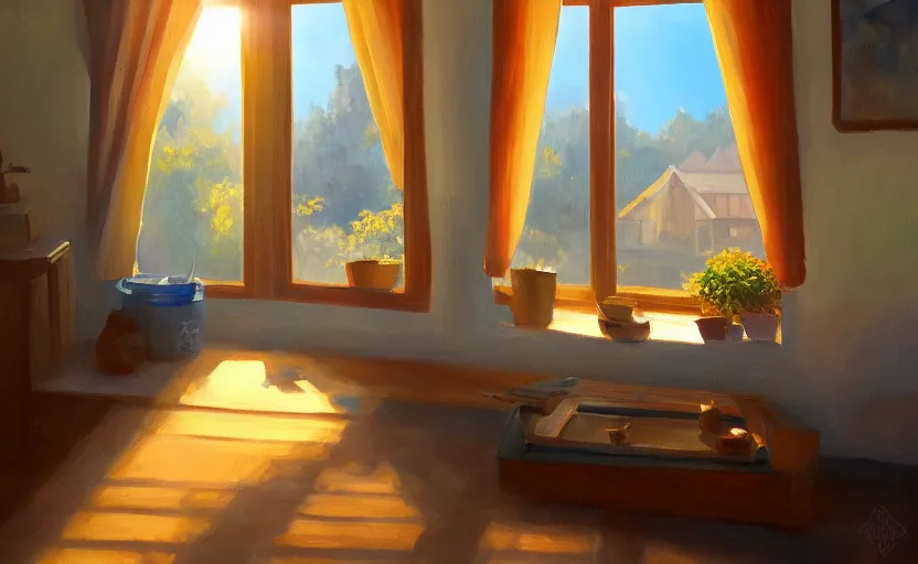 Prompt: rays of the morning sun shining through the window of the village house. very beautiful, clear sky, warm shiny colors, oil painting, high detail, trending on artstation