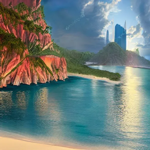 Image similar to 🌁🏖🌲🏝🌇🌆, matte painting, crisp, clear, sharp, 8 k