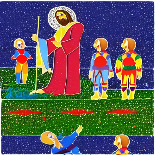 Prompt: jesus shooting lasers at small clowns on the grassland, mozaic style