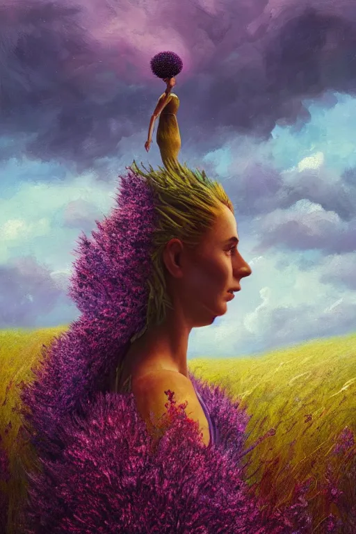 Image similar to closeup, giant flower head mohawk, woman in heather field, surreal photography, starlight, storm clouds, impressionist painting, digital painting, artstation, simon stalenhag