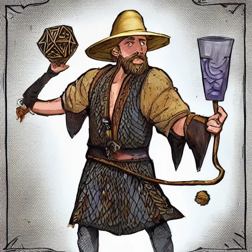 Image similar to man_mage Character art of a D&D wizard doing magic in his laboratory, with a blond beard and curly hair and a wide-brimmed straw hat, concept art, digital art