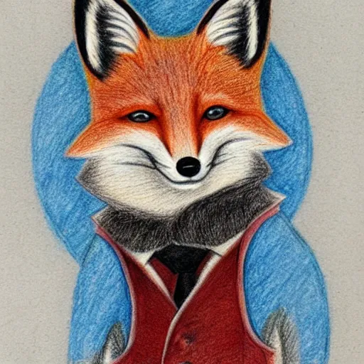 Prompt: colored pencil drawing of a fox in a waistcoat