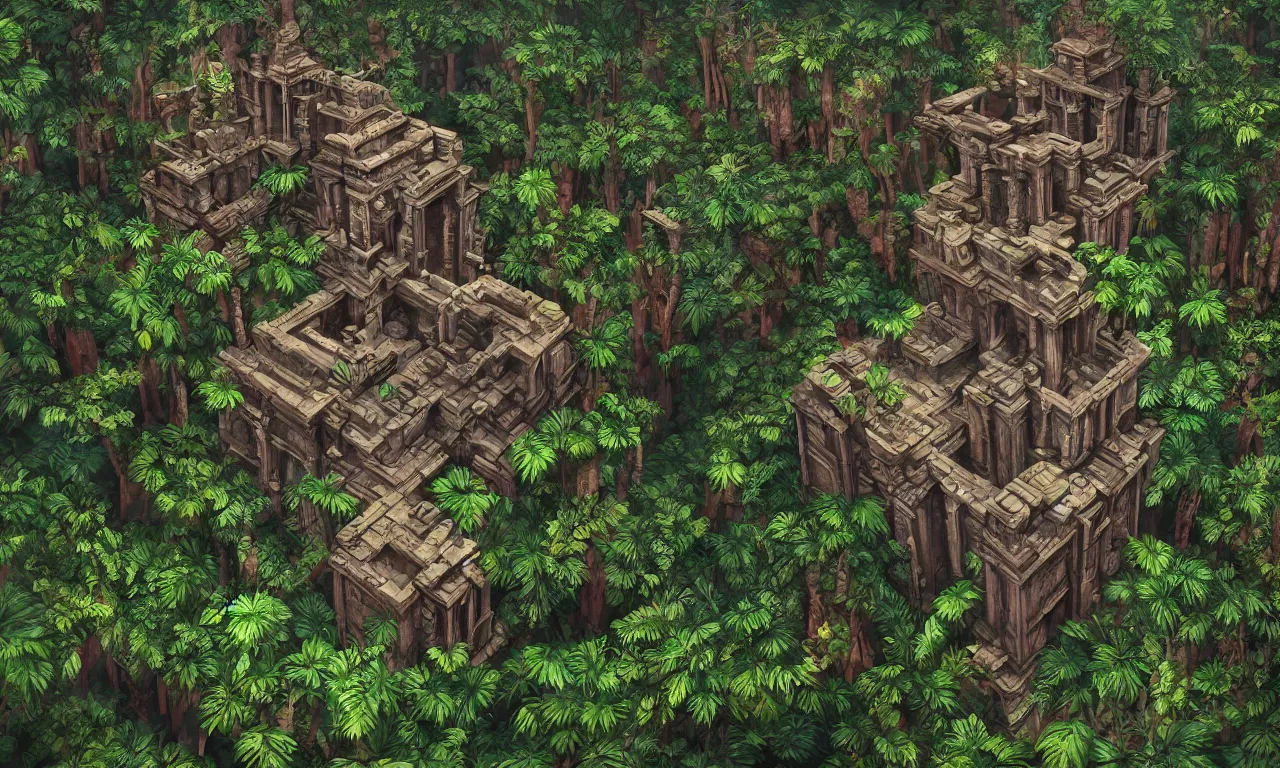 Image similar to A hyper real comic book style portait painting of jungle temples in the style of MC Escher, Maurits Cornelius Escher, unreal 5, hyperrealistic, octane render, RPG portrait, dynamic lighting