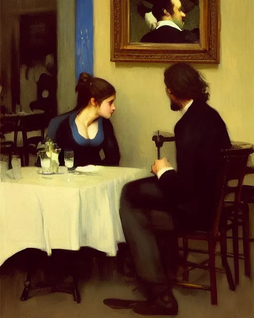 Image similar to a guy and a girl on a date in a restaurant, art by greg rutkowski, gustave courbet, rosa bonheur, edward hopper. faithfully depicted facial expression, perfect anatomy, sharp focus, global illumination, radiant light, detailed and intricate environment, trending on artstation