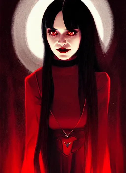 Image similar to portrait of vampire veronica lodge with bangs, vampire fangs, vampire, long hair, red clothes, bangs, vampironica, intricate, elegant, glowing lights, highly detailed, digital painting, artstation, concept art, smooth, sharp focus, illustration, art by wlop, mars ravelo and greg rutkowski