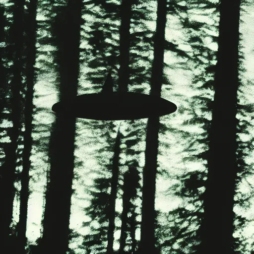 Prompt: grainy photograph of a bottle-shaped UFO flying above a forest